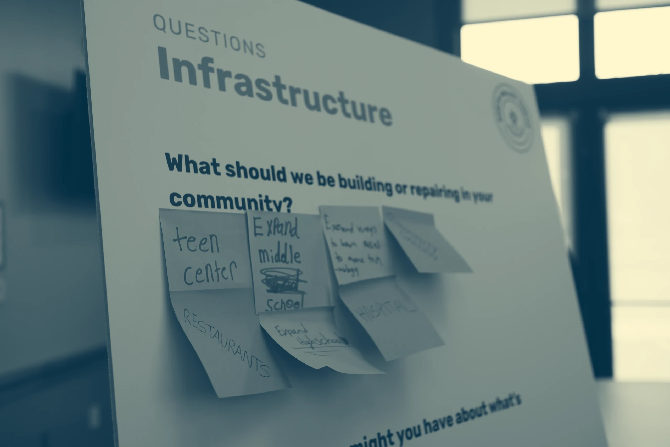 A posterboard asking "what should we be building or repairing in our community?" Underneath there are different post-its with ideas